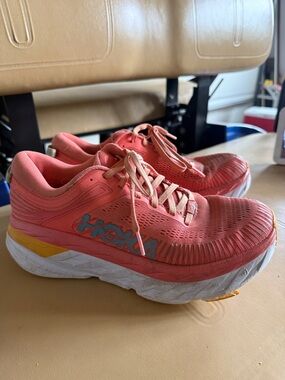 Hoka Women's Coral/Pink Running Shoes with Yellow & White Accents